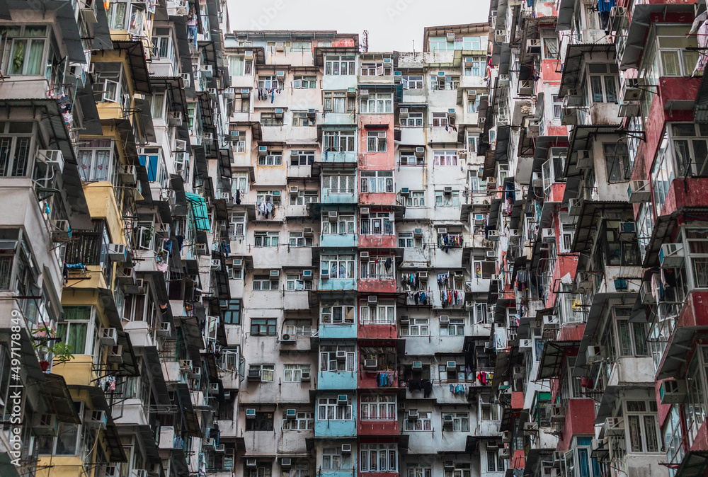 Hong Kong - 10 may 2019: Yik Cheong Building. Known as The Monster Mansion. famous for incredibly dense and stacked residential complexes Hong Kong - 10 may 2019: Yik Cheong Building. Known as The Monster Mansion. famous for incredibly dense and stacked residential complexes