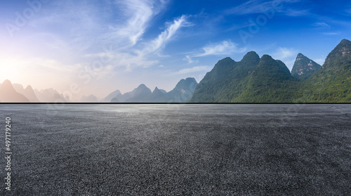Fotografija Asphalt road platform and mountain natural landscape at sunrise in Guilin, China