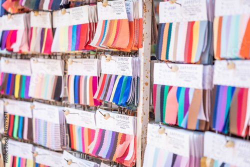 Hong Kong 15 Jun 2019: Packs of color sample of fabric factory in Sham Shui Po photo