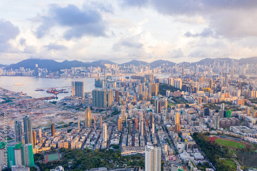 Aerial view of cityscape of Kowloon, Hong Kong