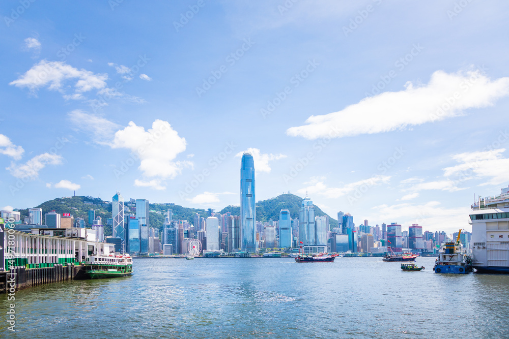 Fototapeta premium Hong Kong - 1 Jul 2019: Victoria Harbour, Hong Kong. Skyscraper and cityscape