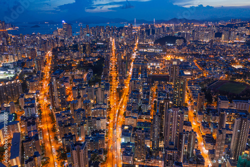 Hong Kong 29 Jun 2019: Aerial view of Night of Kowloon, Light in streets and highway