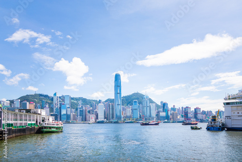 Hong Kong - 1 Jul 2019: Victoria Harbour, Hong Kong. Skyscraper and cityscape