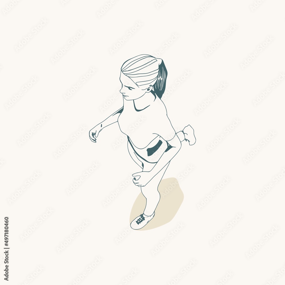 Running woman. Sport girl illustration. Casual sportwear - t-shirt, breeches and sneakers. Young woman wearing workout clothes. Sport fashion girl outline in urban casual style. Top view Running woman. Sport girl illustration. Casual sportwear - t-shirt, breeches and sneakers. Young woman wearing workout clothes. Sport fashion girl outline in urban casual style. Top view