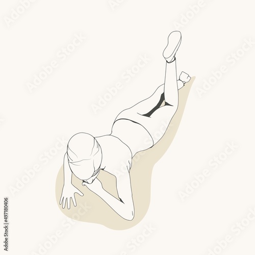 Lying woman. Sport girl illustration. Casual sportwear - t-shirt, breeches and sneakers. Young woman wearing workout clothes. Sport fashion girl outline in urban casual style.