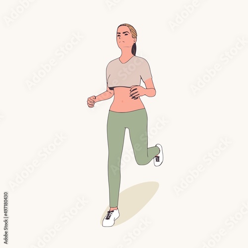 Running woman. Sport girl illustration. Casual sportwear - t-shirt, breeches and sneakers. Young woman wearing workout clothes. Sport fashion girl outline in urban casual style.