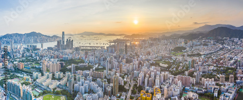 Sunset of Victoria Harbor, cityscape of Hong Kong