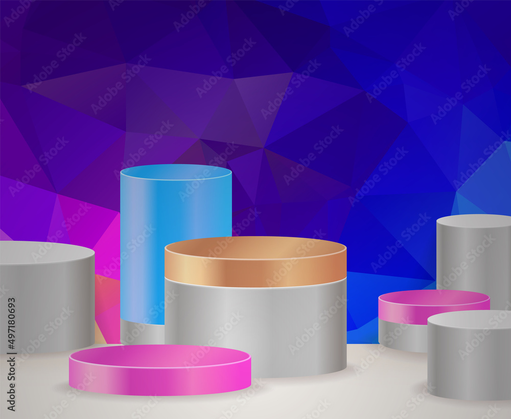 3D vector abstract podium, pedestal, plaque, cylinder steps of a round gold frame. The concept of minimalistic layout, empty space and space. Mock Up. on dark blue background abstract polygon 3D vector abstract podium, pedestal, plaque, cylinder steps of a round gold frame. The concept of minimalistic layout, empty space and space. Mock Up. on dark blue background abstract polygon
