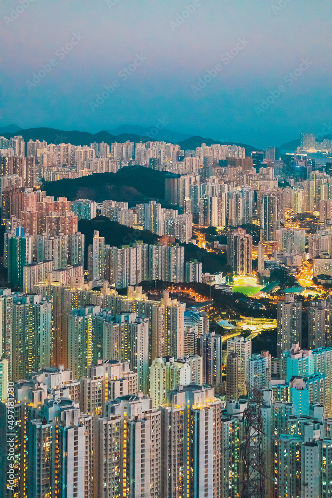 iconic evening scene of cityscape of Hong Kong