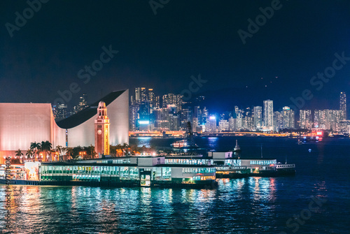 Canvas Print Night scene of Star Ferry pier, Kowloon Cost, Victoria Harbour, Hong Kong