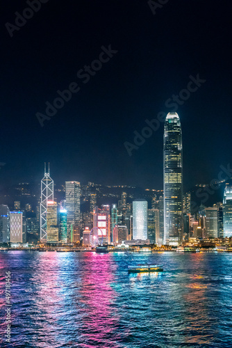 28 Sept 2019 - Hong Kong: Hong Kong cityscape, with Bank of China, HSBC, Two International Finance Centre, Observation Wheel. photo