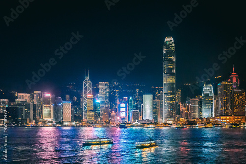 28 Sept 2019 - Hong Kong: Hong Kong cityscape, with Bank of China, HSBC, Two International Finance Centre, Observation Wheel. photo