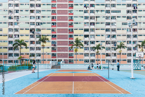 Famous landmark of hong kong. choi hung estate, colorful public housing, afternoon