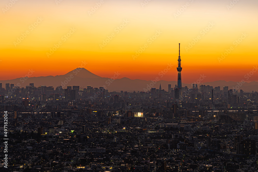 Illumination of Shinjuku Skyscrapers with Fuji Mountain Background at Sunset , Tokyo, Japan	
