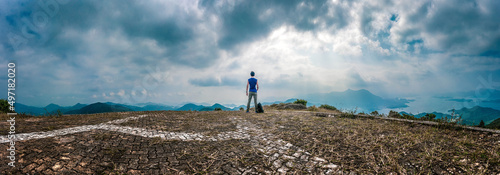 Panorama of Man hiking in mountain, Autumn, Sai Kung