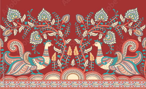 Floral ornament with birds (peacocks) in oriental style. Kalamkari. Indian floral seamless border.