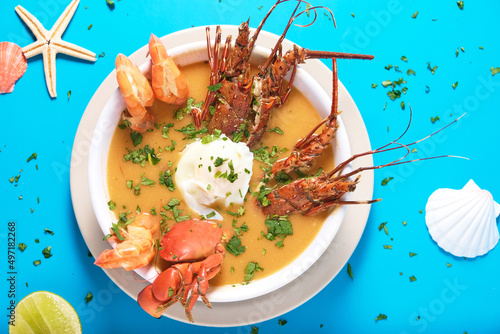 Seafood soup with lobster, shrimp and crab