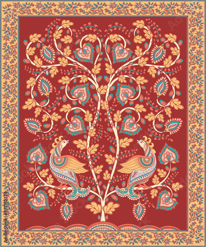 Floral ornament with birds (peacocks) in oriental style. Kalamkari. Indian floral motif on a dark red background in a decorative frame.