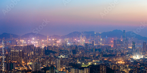Iconic view of Night of Kowloon, residential and downtown area, Hong Kong