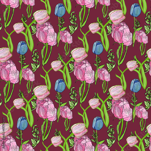 Seamless vector illustration of tulips. Floral pattern for printing on fabric, posts, clothes, utensils, postcards for women's day, congratulations, florists, agriculture