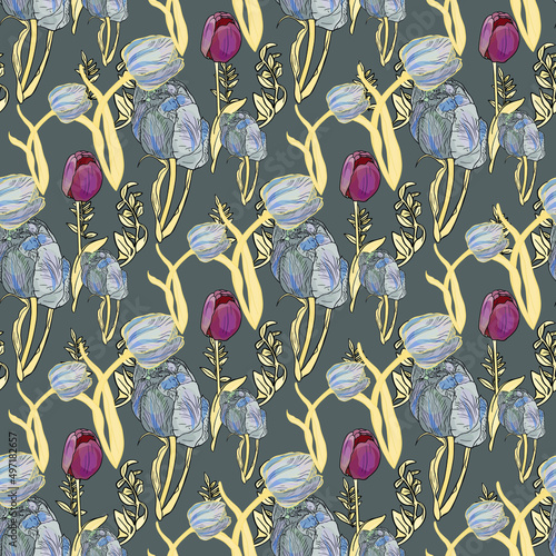 Seamless vector illustration of tulips. Floral pattern for printing on fabric, posts, clothes, utensils, postcards for women's day, congratulations, florists, agriculture