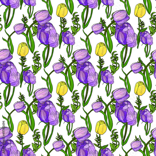Seamless vector illustration of tulips. Floral pattern for printing on fabric, posts, clothes, utensils, postcards for women's day, congratulations, florists, agriculture