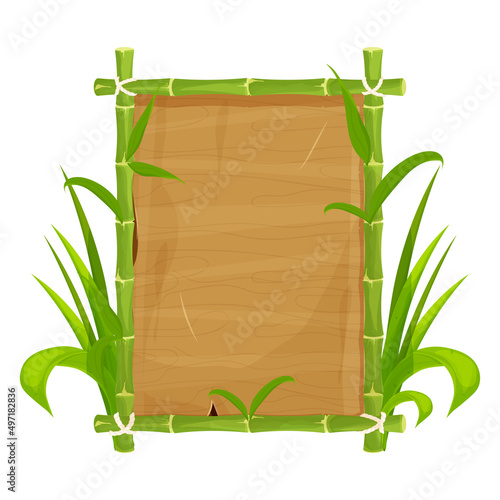 Green bamboo frame with leaves, empty wooden plank, signboard in cartoon style isolated on white background. Asian tribal decoration, exotic element ui game asset. 