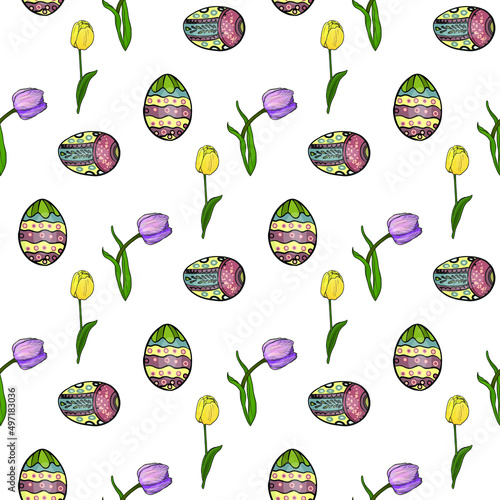 Easter vector pattern. Easter eggs with an ornament, tulips as a logo, blank for designers, print, element
