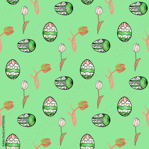 Easter vector pattern. Easter eggs with an ornament, tulips as a logo, blank for designers, print, element