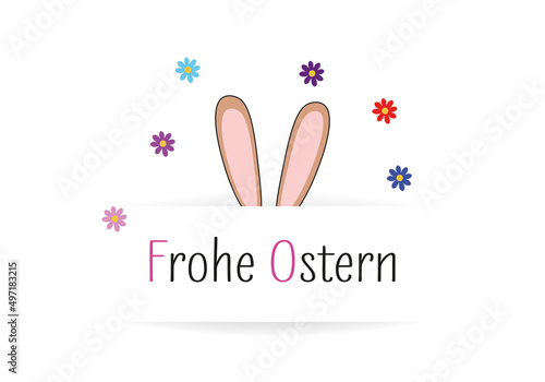 Frohe Ostern - Vektor-Illustration - Schriftzug mit Hasenohren und Blumen