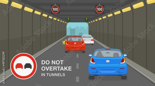 Safety driving rules. City tunnel restrictions. Red car is passing other vehicle in high-speed tunnel. No overtaking in tunnels traffic sign. Flat vector illustration template.