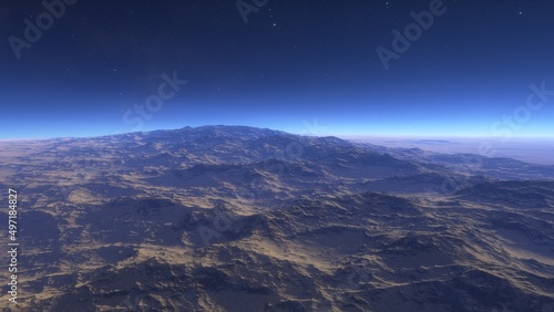 alien planet landscape sci fi spatial background  view from planet surface with spectacular sky  realistic digital illustration