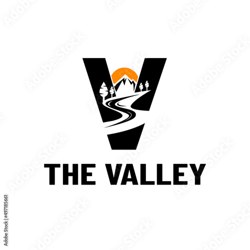 Valley Logo River V Letter Monogram and Vector Nature Graphic Design Template