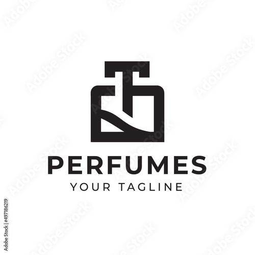 Logo design with perfume bottle line and ornament line, letter T, suitable for fashion cosmetic beauty sign business.