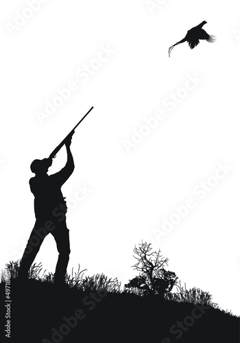 Vector silhouette of an adult male hunting upland game (pheasant). 