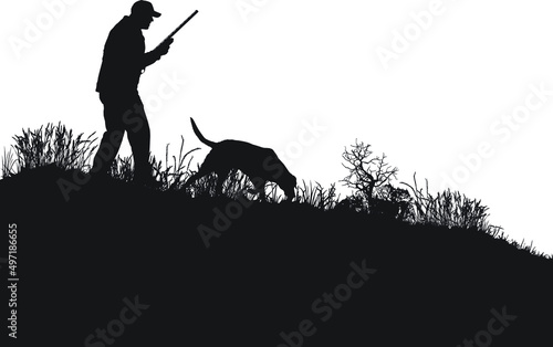Vector silhouettes of an adult male and his dog hunting upland game. 