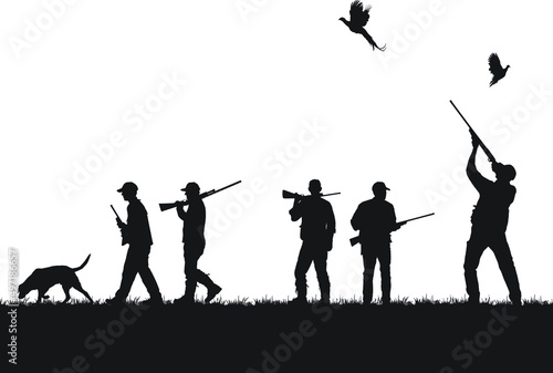 Vector silhouettes of an adult male hunting upland game (pheasant).  photo