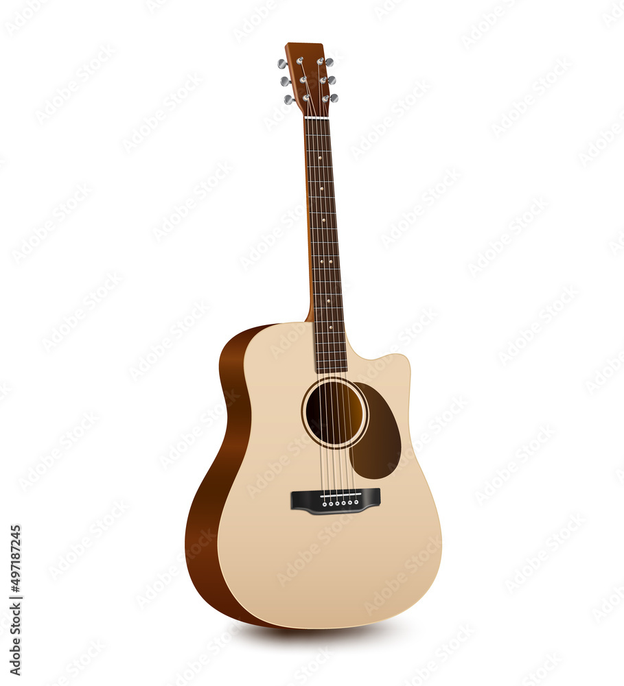 Acoustic guitar,dreadnought style and cutaway natural color isolated on white background for music concept desing,vector 3d virtual 