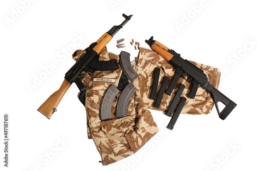 Romanian AK47 and AK47 Pistol on Romanian Military Uniform