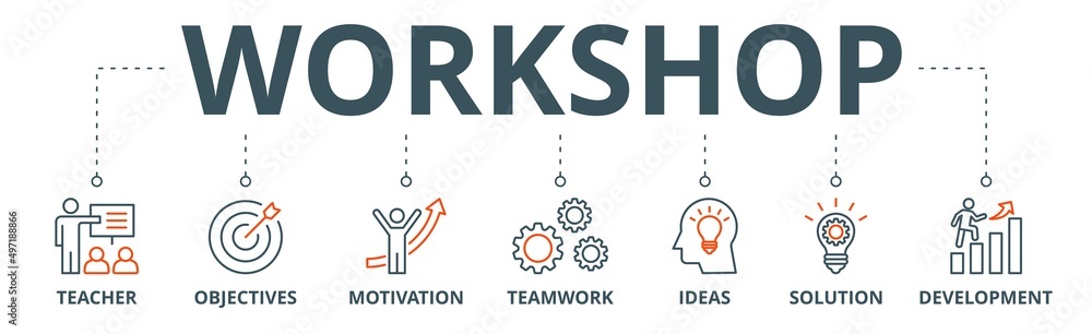 Workshop banner web icon vector illustration concept with icon of teacher, objectives, motivation, teamwork, ideas, solution, and development Workshop banner web icon vector illustration concept with icon of teacher, objectives, motivation, teamwork, ideas, solution, and development