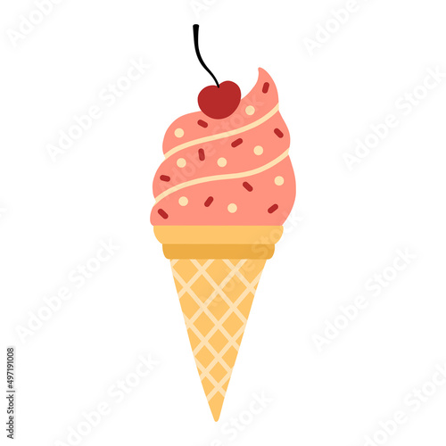 Ice cream in waffle cone vector icon. Hand drawn illustration isolated on white background. Delicious summer dessert with sprinkling, cherry berry. Flat cartoon style, clipart for decoration, design