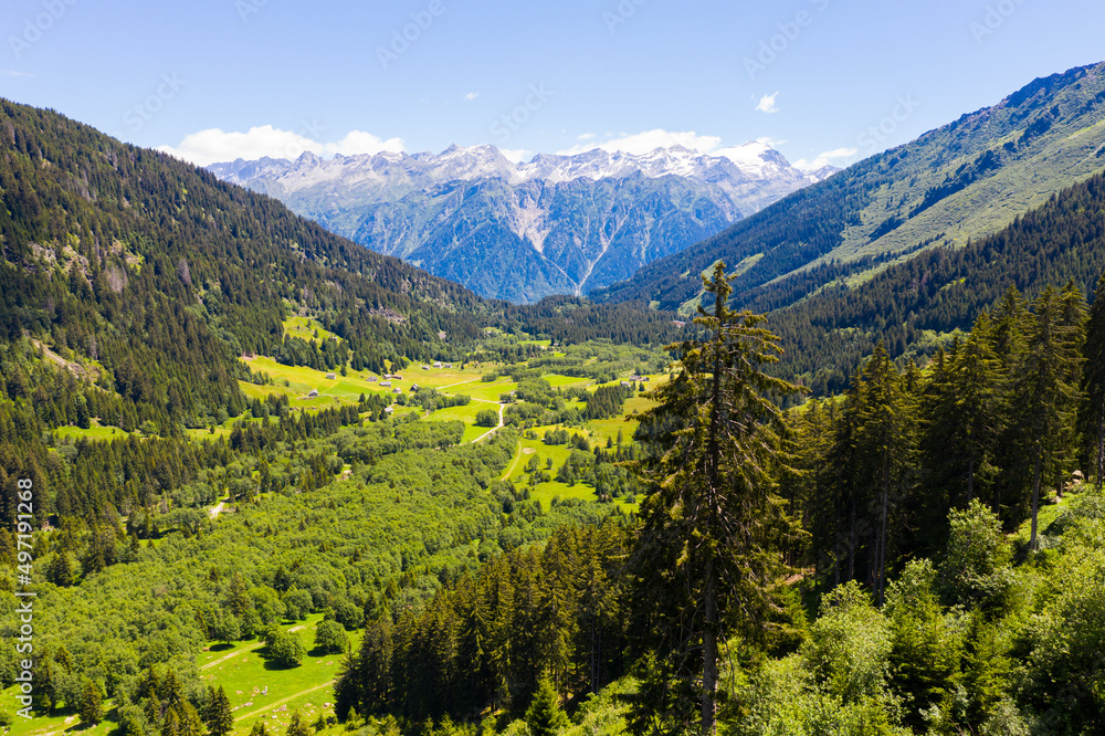 Great majestic landscape view of natural Swiss Alps in the Grisons canton