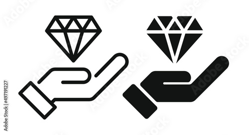Diamond hand hold outline and solid icon vector design illustration. Jewelry symbol.