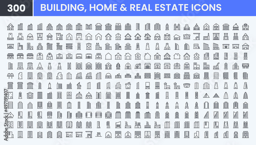 Minimal Building vector line icon set. Contains linear outline icons like Home, Real Estate, Hotel, Skyscraper, Residential, Hospital, Factory, Apartment, Shop, City. Editable use and stroke.