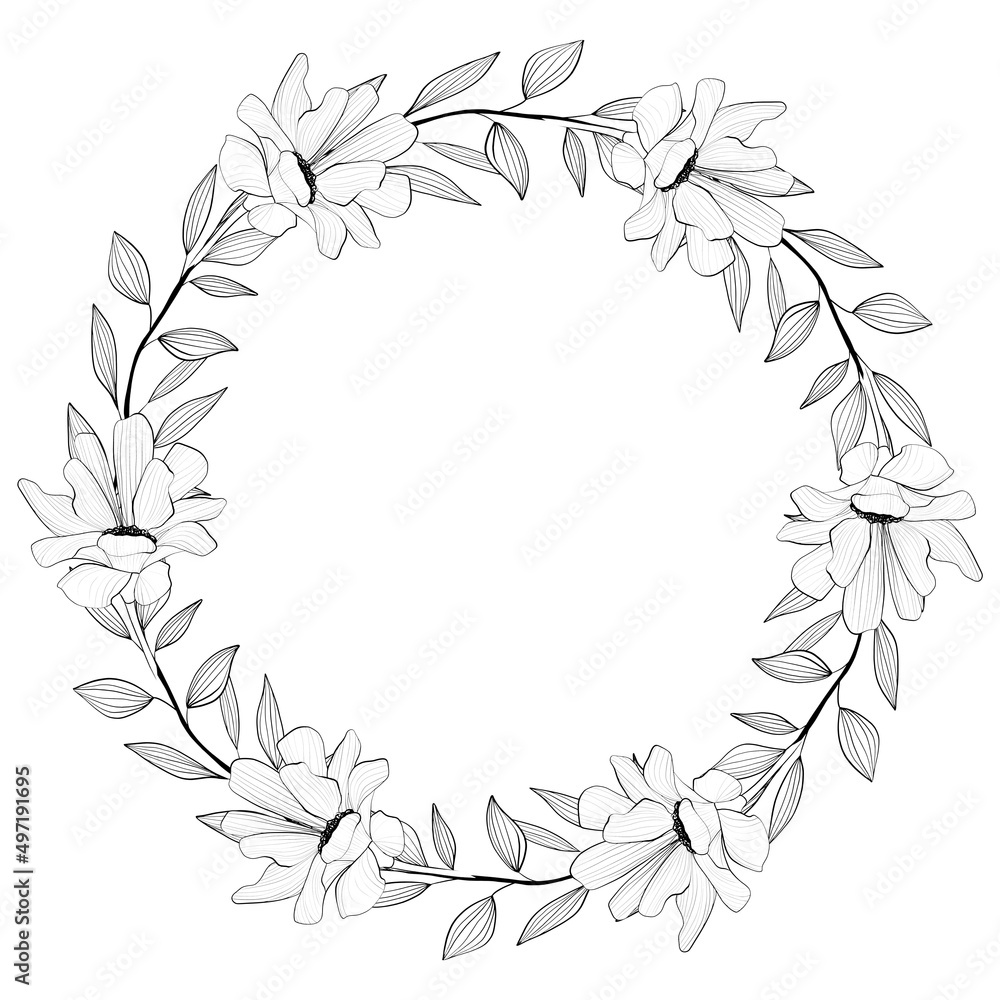 Obraz premium Flower wreath. Composition from botanical elements. Flowers and leaves in line art style.