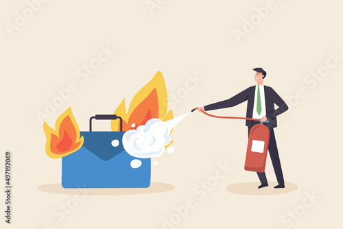 Stress at work, Try to solve mentality problems and fight work burnout. The concept of psychotherapy for work. A businessman uses a fire extinguisher to extinguish a burning briefcase.