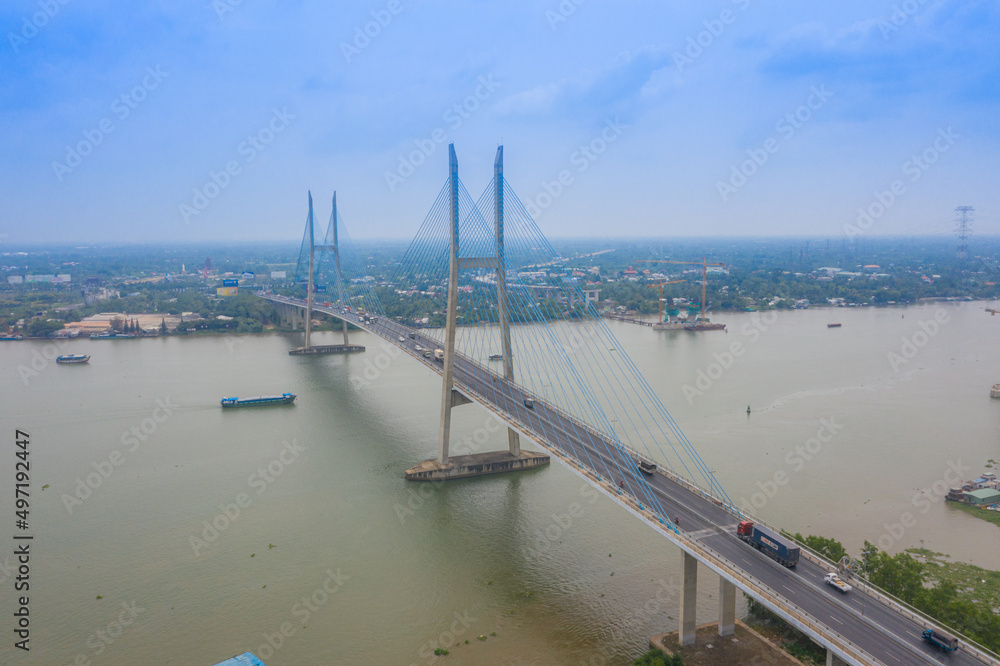 Aerial view of My Thuan bridge, cable-stayed bridge connecting the provinces of Tien Giang and Vinh Long, Vietnam