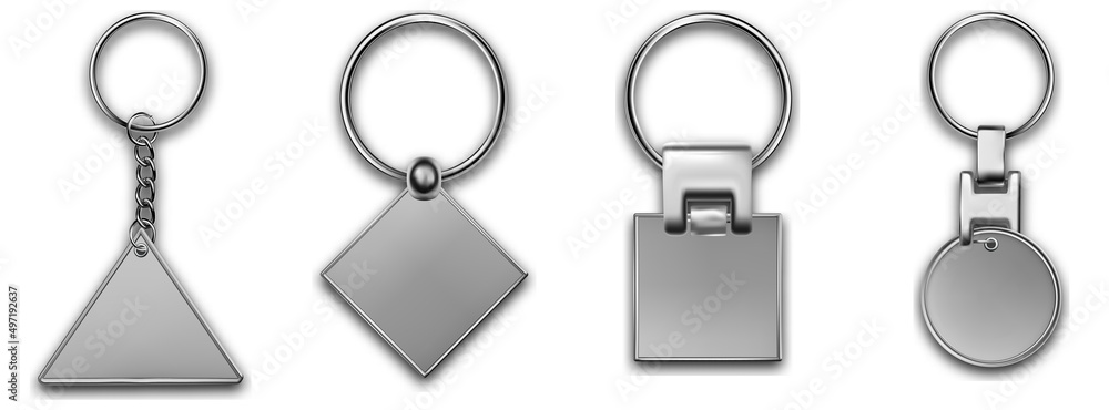 Metal keyring with different chain, leather keychain, holder trinket for key with metal ring. Silver colored accessories. Realistic template metal keychain set. Blank accessory for corporate identity. Metal keyring with different chain, leather keychain, holder trinket for key with metal ring. Silver colored accessories. Realistic template metal keychain set. Blank accessory for corporate identity.