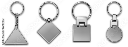 Metal keyring with different chain, leather keychain, holder trinket for key with metal ring. Silver colored accessories. Realistic template metal keychain set. Blank accessory for corporate identity.