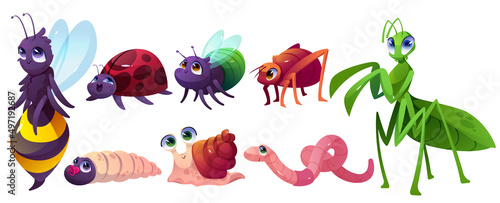 Cartoon cute insects characters snail, bee or wasp, ladybug, fly, chrysalis, worm, ant, mantis. Funny wild creatures with smiling faces and big eyes. Mascot, kids design elements, isolated vector set